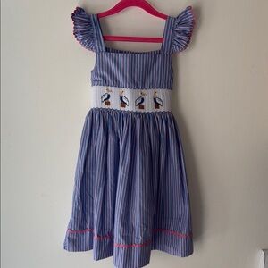 Charming Blue Striped Kids Dress with Bird Embroidery